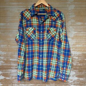 POLO Ralph Lauren Plaid Pearl Snap Button Down Western Shirt Classic Mens L